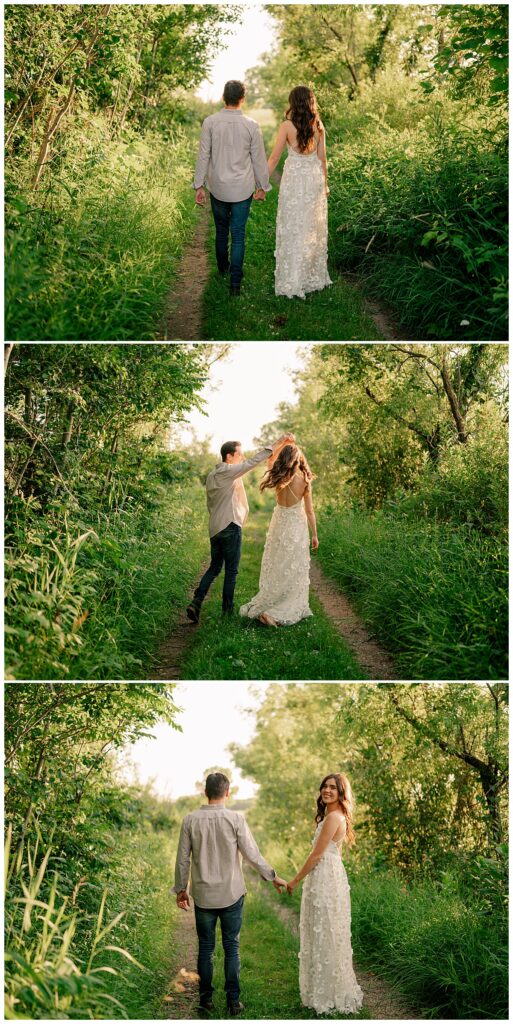 couple walks hand in hand during golden hour St. John's engagement 