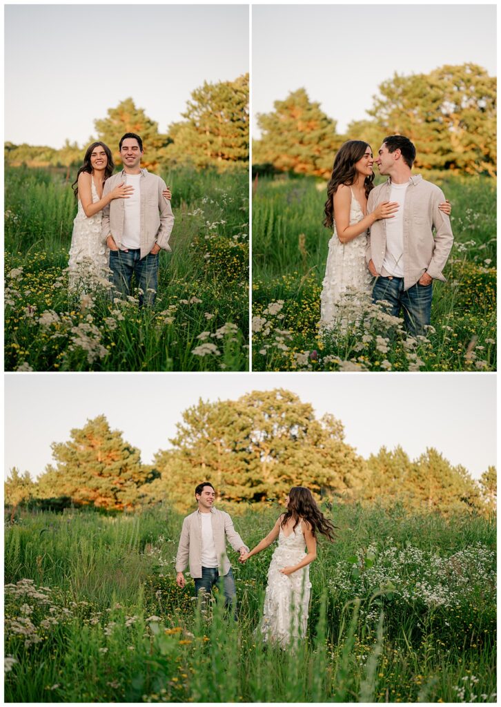 woman looks back at man as they walk holding hands at golden hour St. John's engagement 