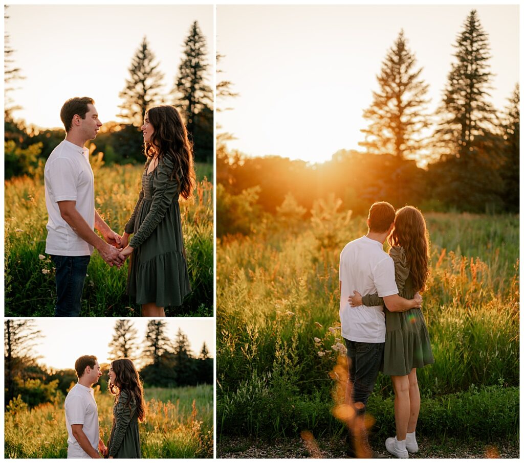 couple face each other holding hands as sun sets behind them by Minnesota wedding photographer