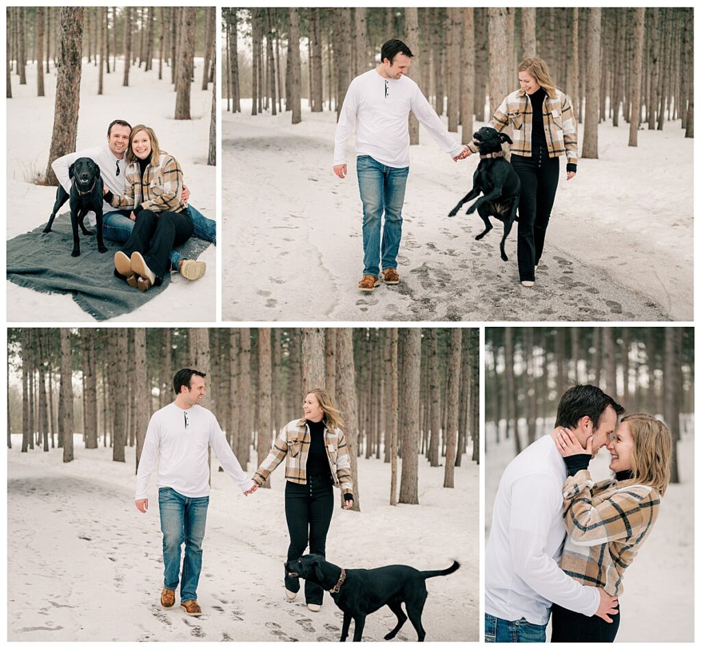 engaged couple walks hand in hand while their dog plays by Rule Creative Co