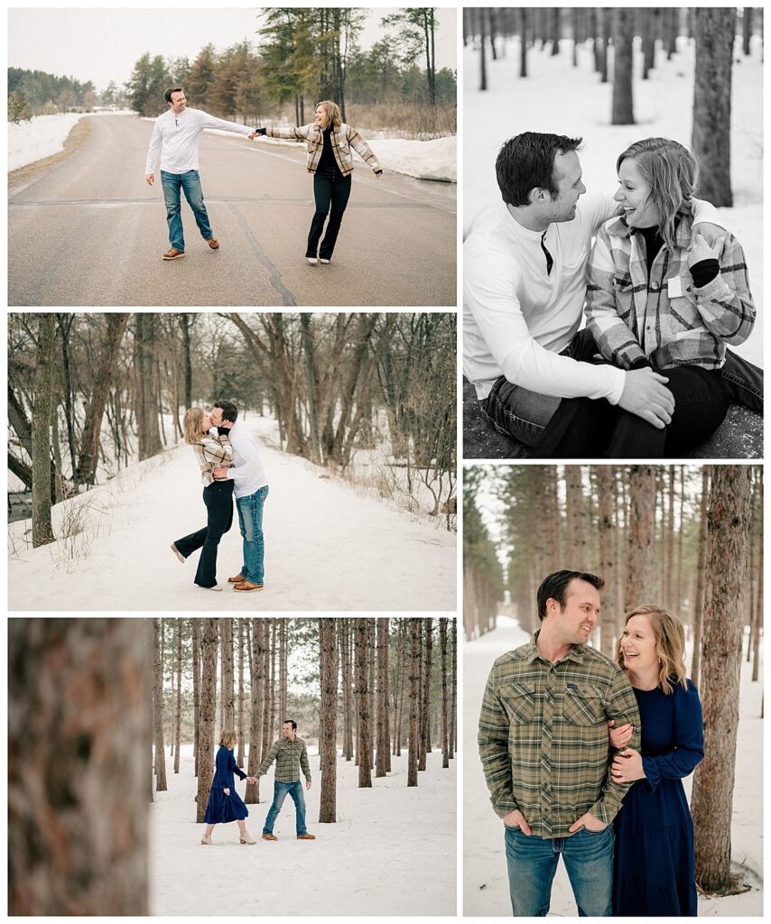 couple kisses in the snow at My Favorite Central Minnesota Engagement Session Locations