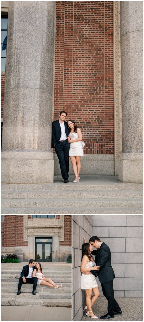 woman leans against wall and man leans in by Minnesota engagement photographer