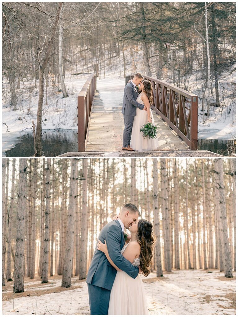 man and woman kiss in forest by Minnesota engagement photographer