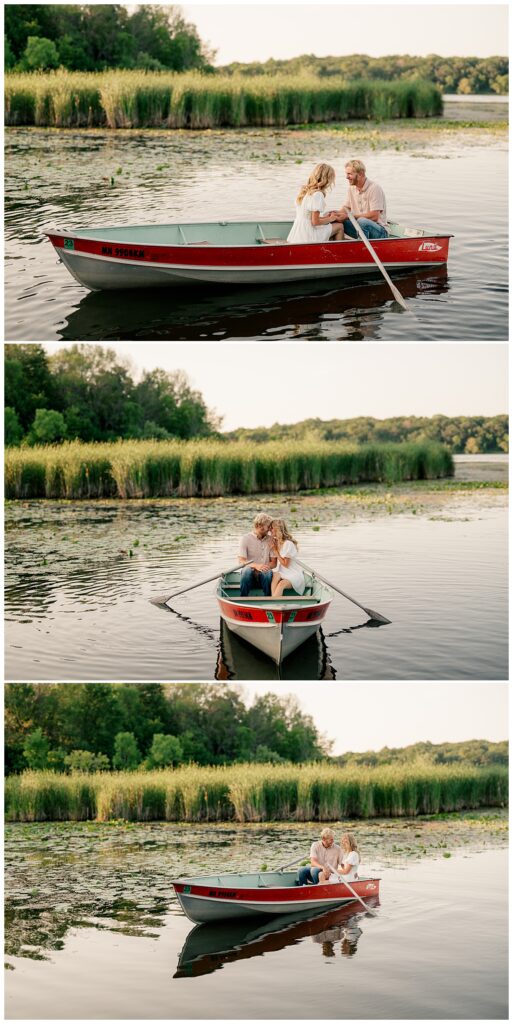 couple talks and snuggles in boat on lake by Minnesota wedding photographer