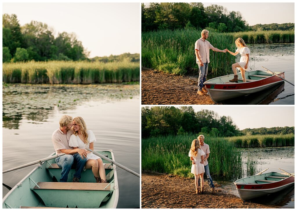 man helps woman step out of boat at Fish Park engagement session