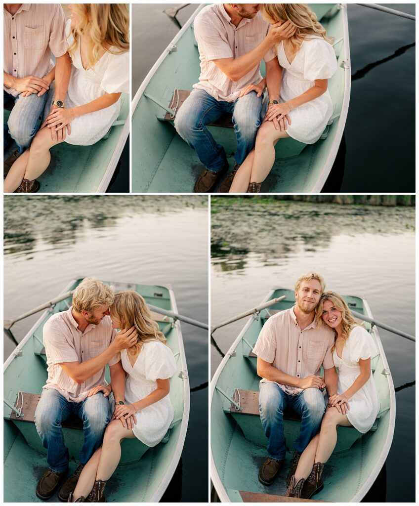 couple leans in close on boat by Rule Creative Co