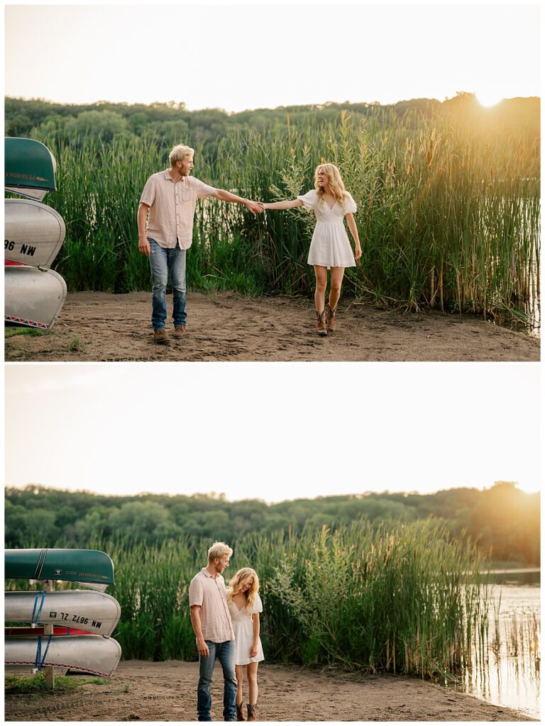 fiances reach out to hold hands by Minnesota wedding photographer