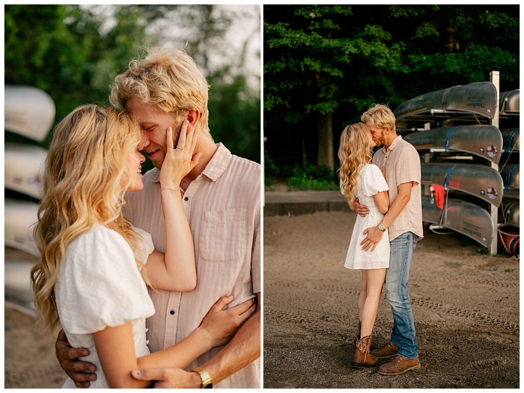 bride to be leans in to fiance to kiss him by Minnesota wedding photographer