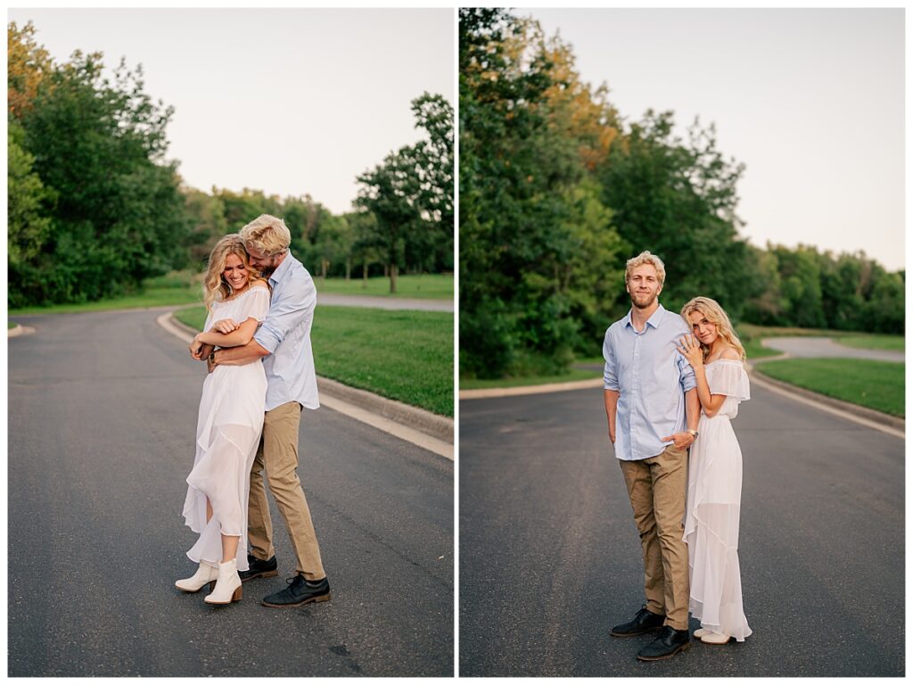 man wraps arms around woman's waist at Fish Park engagement session