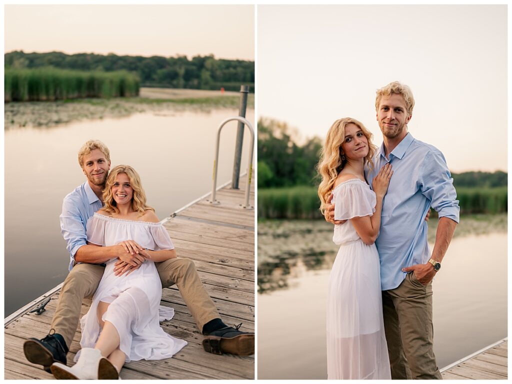 man has hand in pocket as woman rests hands on his chest by Minnesota wedding photographer