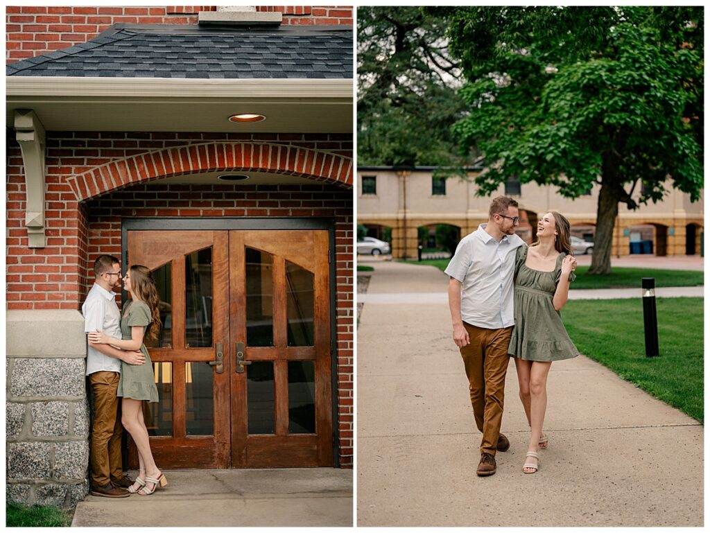 man and woman lean together in doorway during engagement at St. John's University