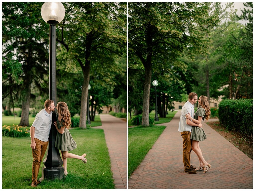 soon to be married couple peeks around lamp post at each other by Rule Creative Co