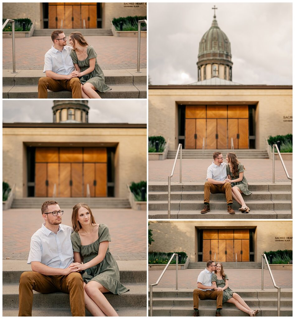 couple sits together on steps smiling at each other by Minnesota wedding photographer