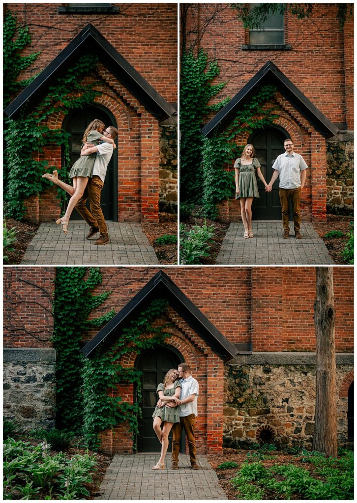 man and woman hold hands in front of brick building at engagement at St. John's University