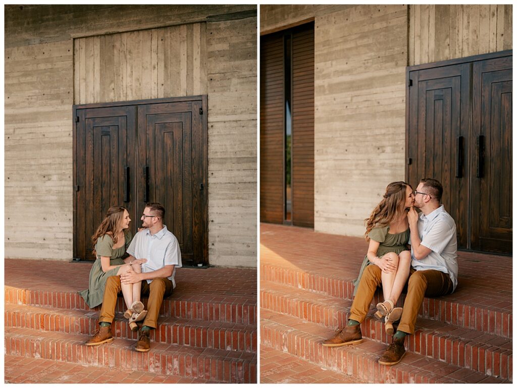 couple kisses on brick steps outside building by Minnesota wedding photographer