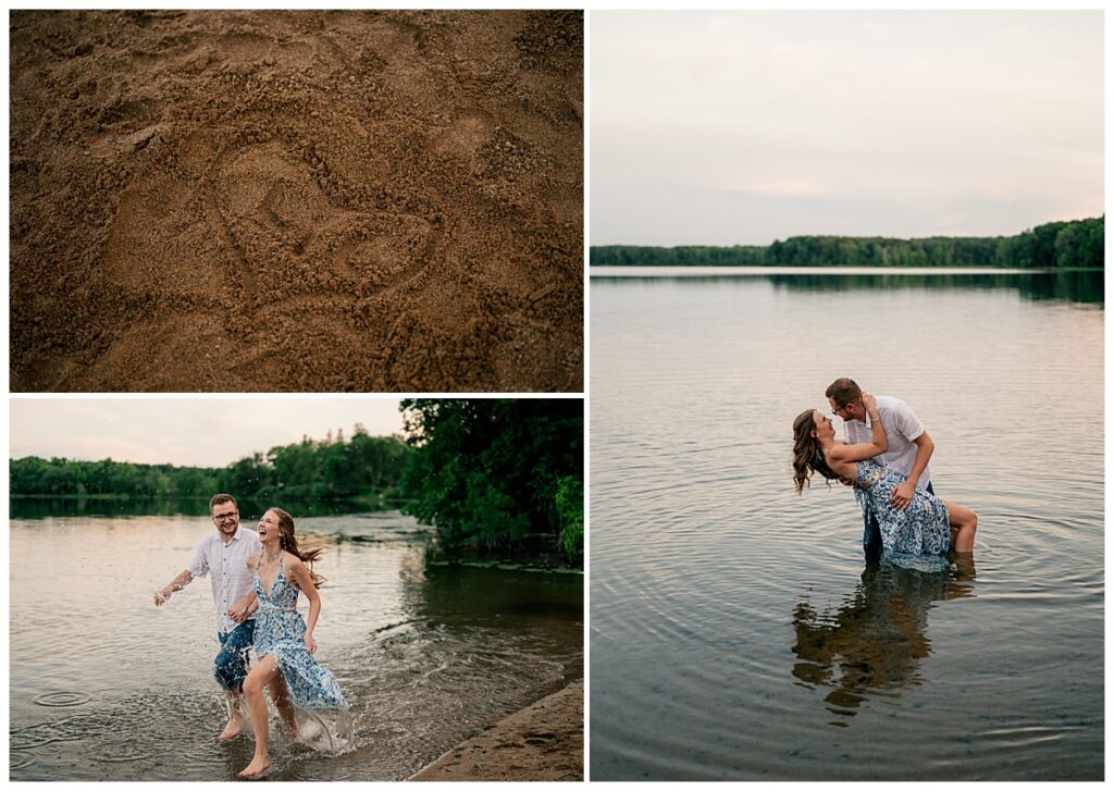 man and woman run through water laughing at engagement at St. John's University