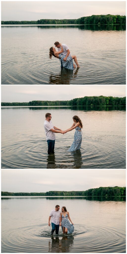 man dips woman for a kiss while wading in water by Minnesota wedding photographer