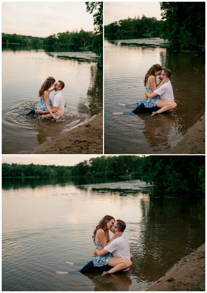 woman straddles man in the lake during engagement at St. John's University