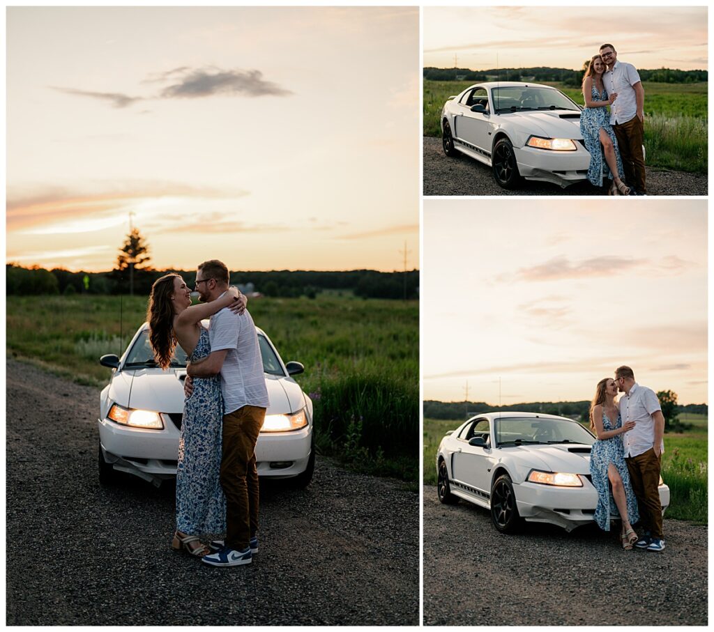 woman leans against car while fiance leans in to kiss her by Rule Creative Co