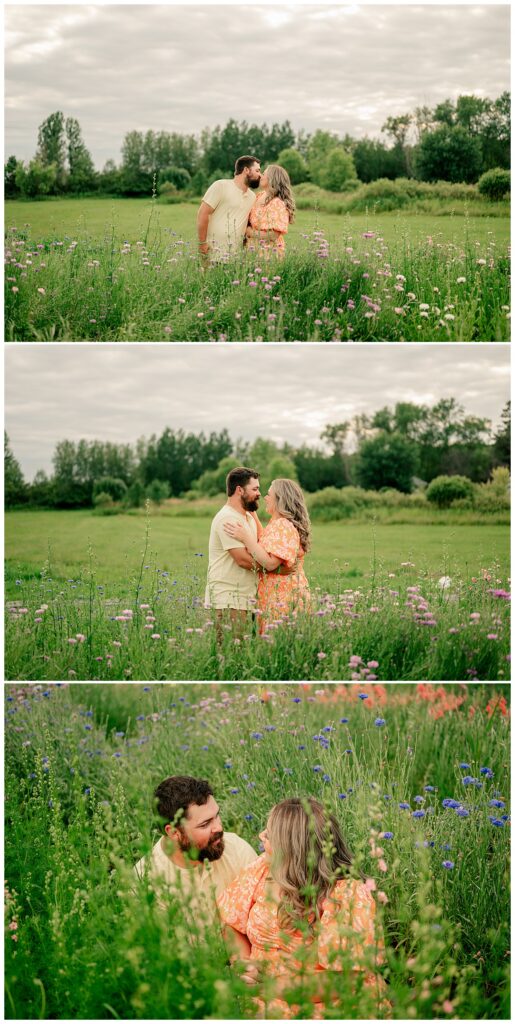 husband and wife kiss at flower farm couples session