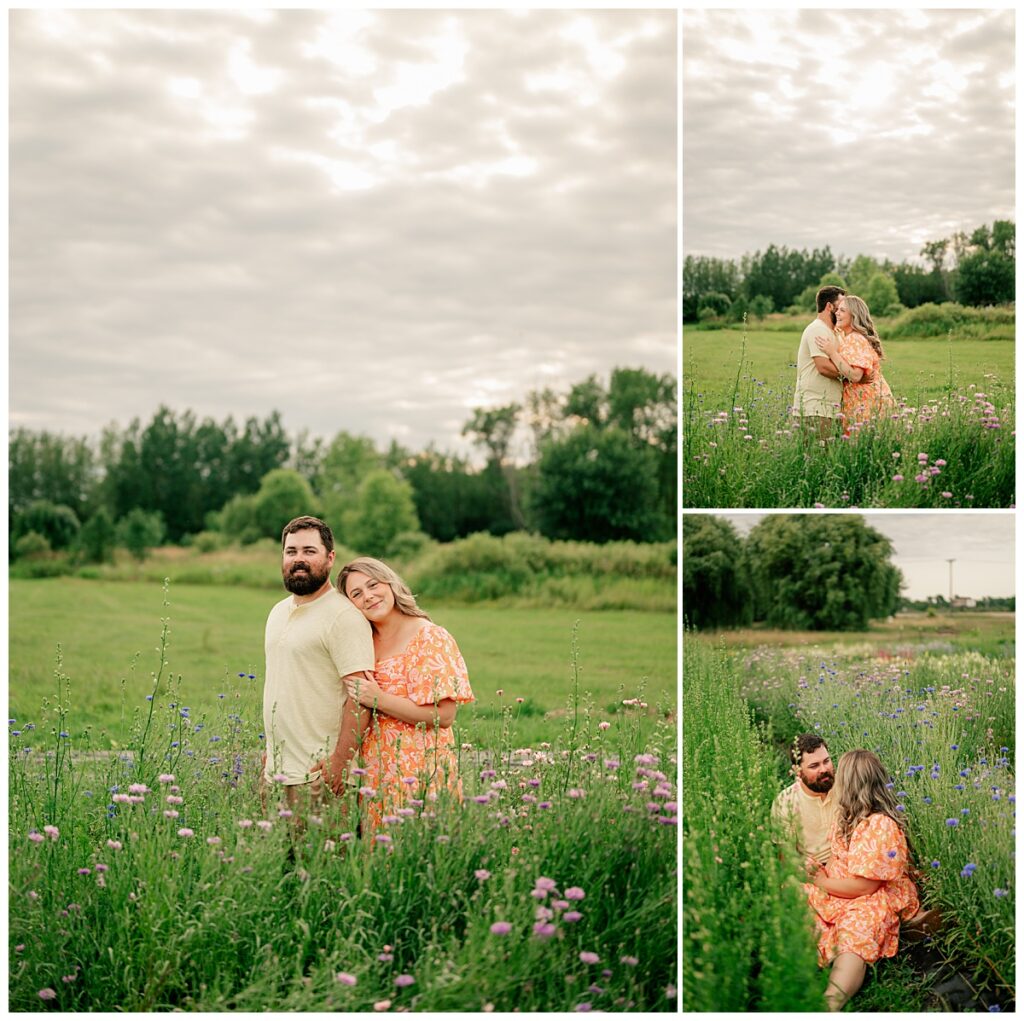 man and woman hug as clouds roll in by Minnesota photographer