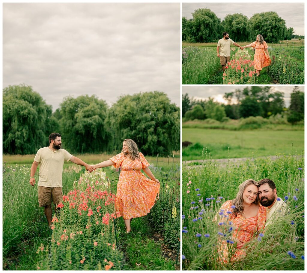 woman holds out skirt of dress as she walks hand in hand with partner by Minnesota photographer