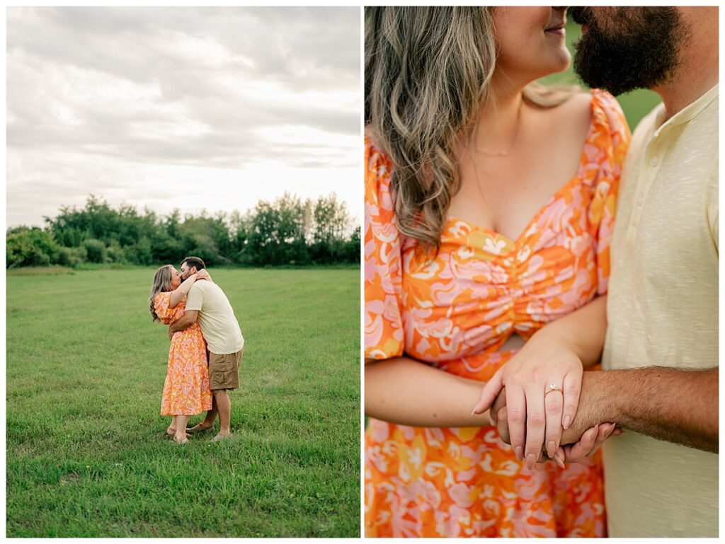 woman shows off ring as she holds man's hand by Minnesota photographer