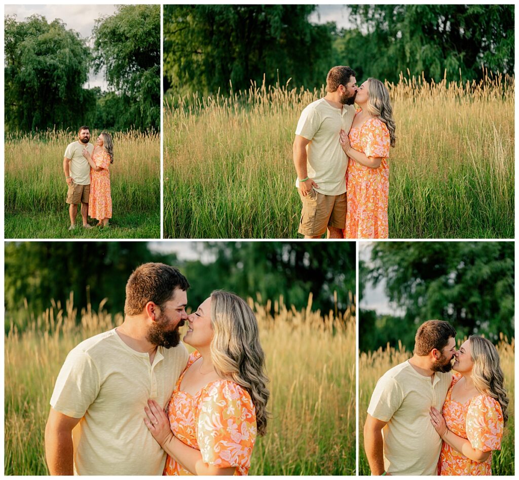 husband and wife lean in for a kiss at flower farm couples session