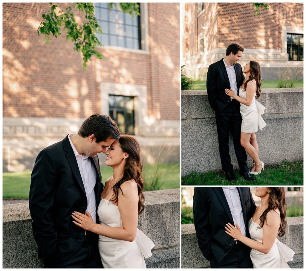 woman leans on man standing against wall during Downtown St. Cloud engagement session