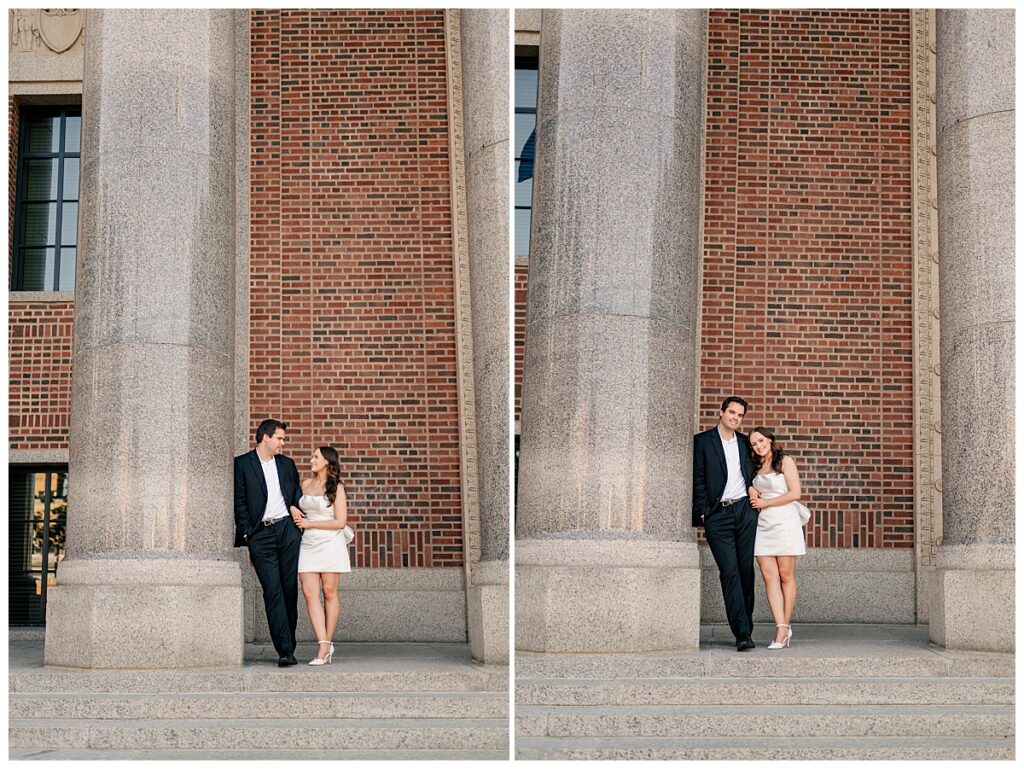 couple links arms in front of brick wall by Minnesota wedding photographer