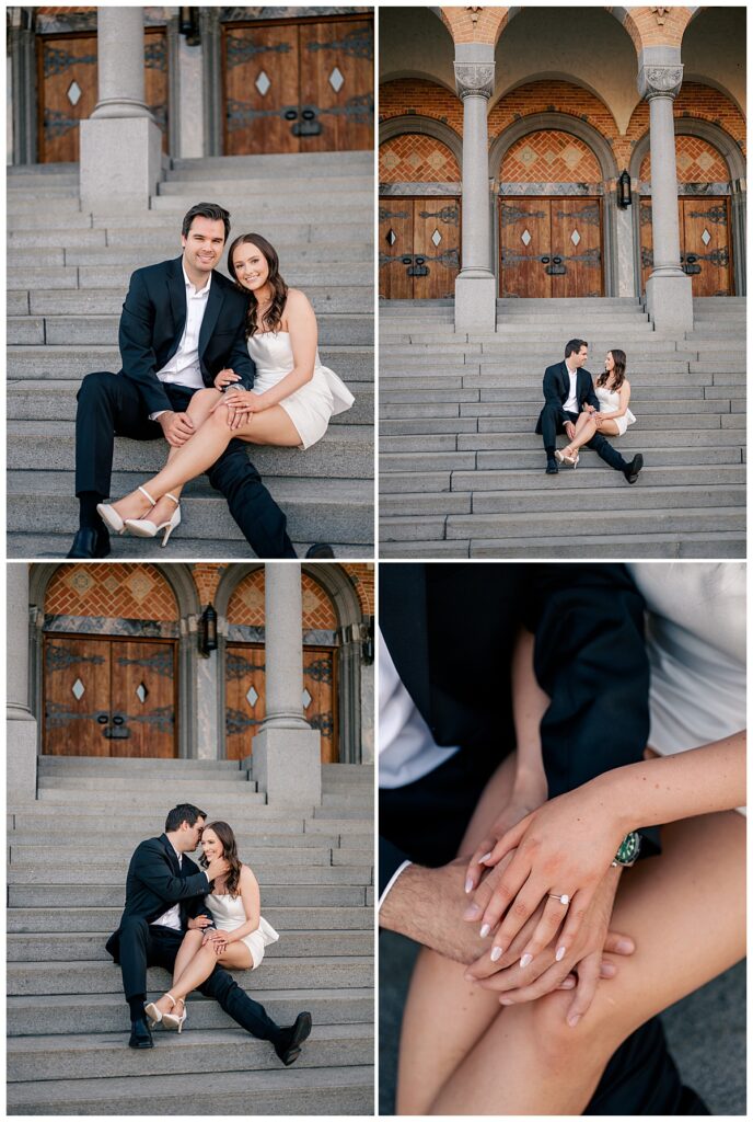 man and woman sit on steps together by Minnesota wedding photographer