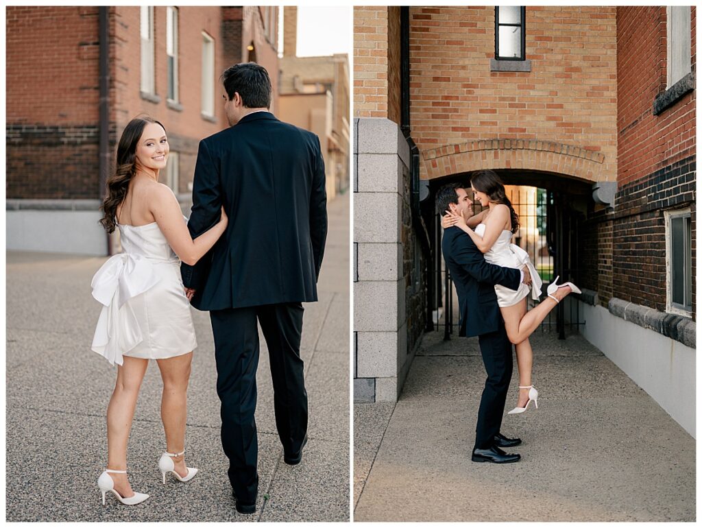 bride to be looks over her shoulder as she walks with groom to be by Rule Creative Co