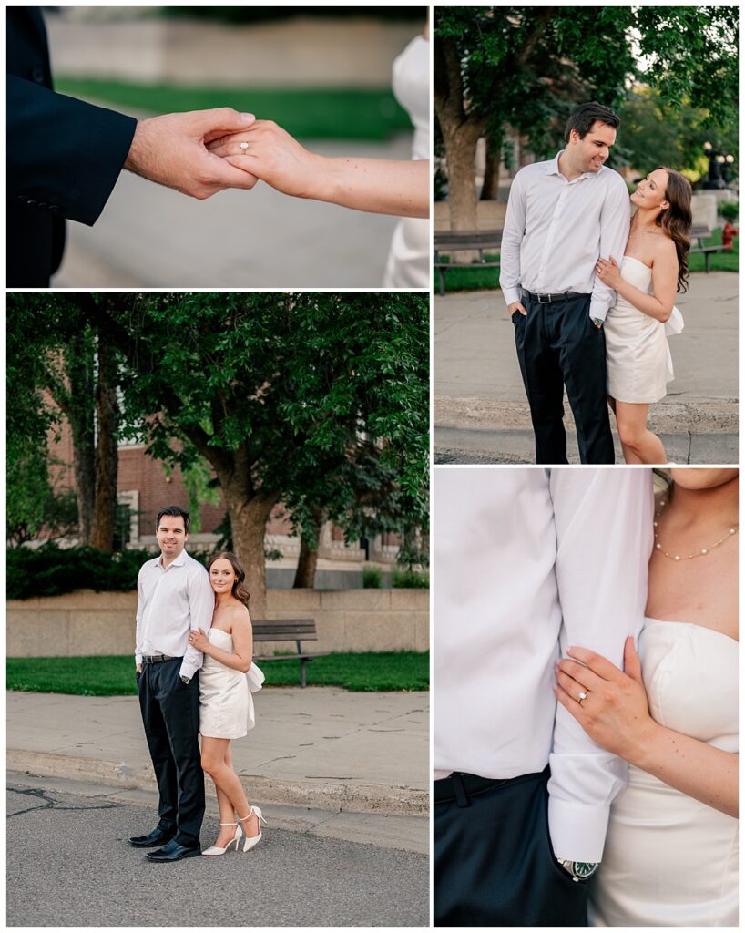 man holds woman's hand to show off engagement ring by Rule Creative Co