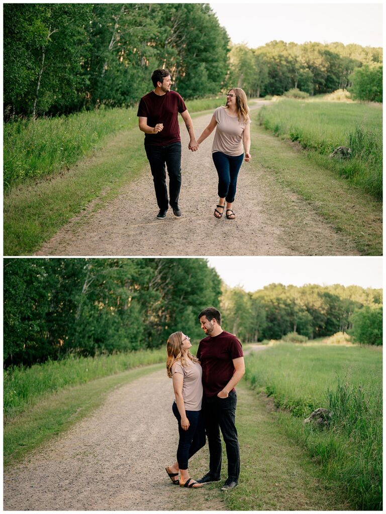 couple walk hand in hand by Minnesota wedding photographer