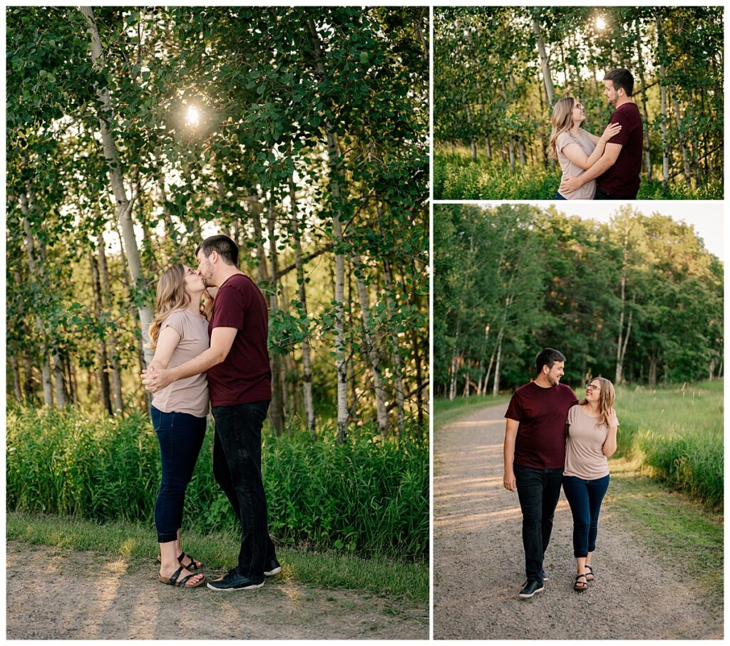 sun shines through trees as couple kisses by Rule Creative Co