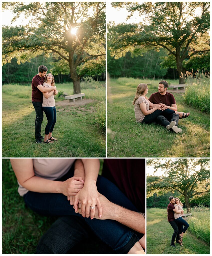 woman shows off ring with hands on top of her fiancé's by Minnesota wedding photographer