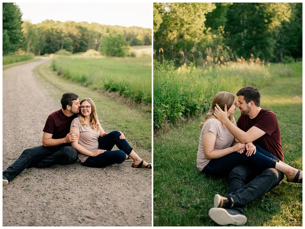 man and woman sit together in grass at Quarry Park evening engagement session 