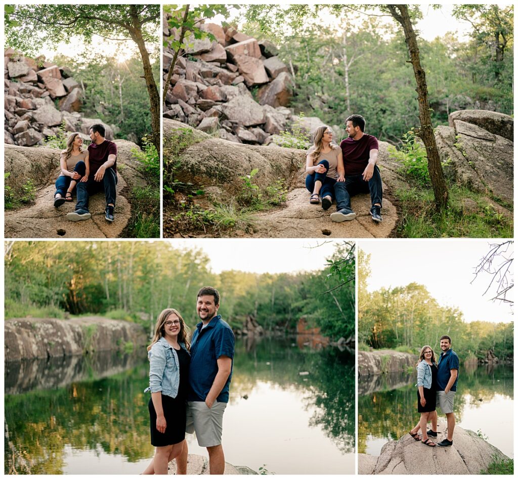 couple sit on rock looking into each other's eyes by Minnesota wedding photographer