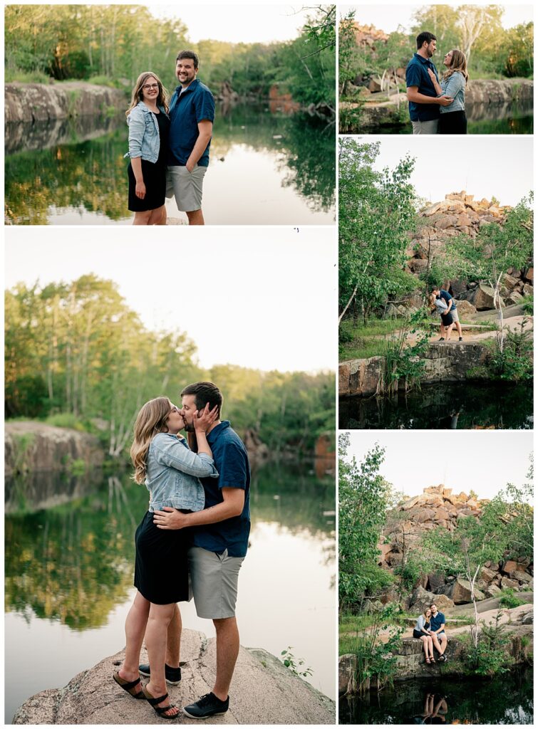 man and woman kiss in front of lake at Quarry Park evening engagement session 