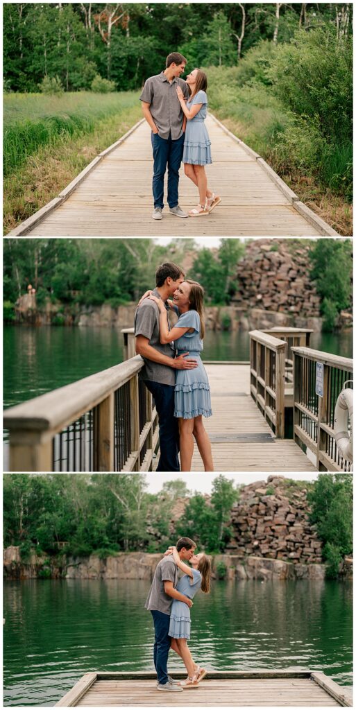 bride to be leans into groom to be on a bridge by Rule Creative Co