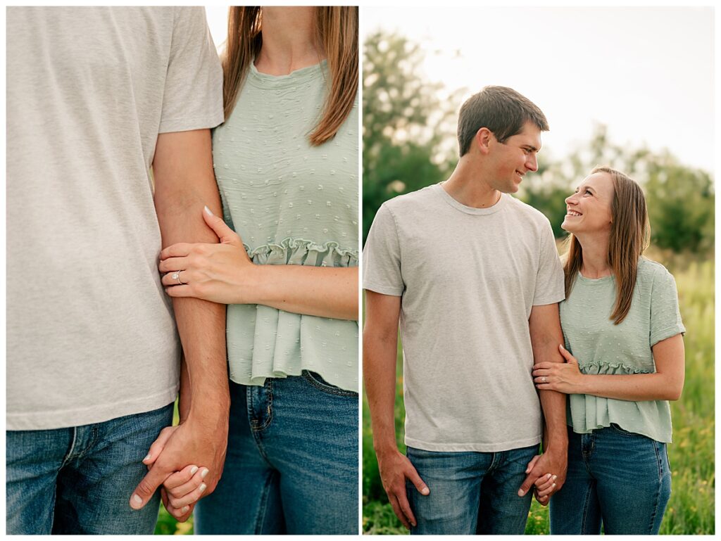 man and woman hold hands and look at each other at Nature Preserve engagement session