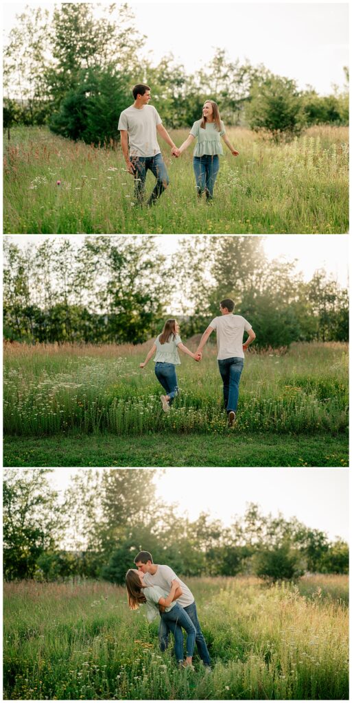 engaged couple run through prairie together by Minnesota wedding photographer