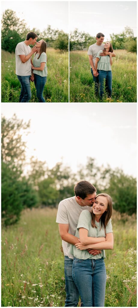 man wraps arms around woman from behind to kiss her cheek at Nature Preserve engagement session