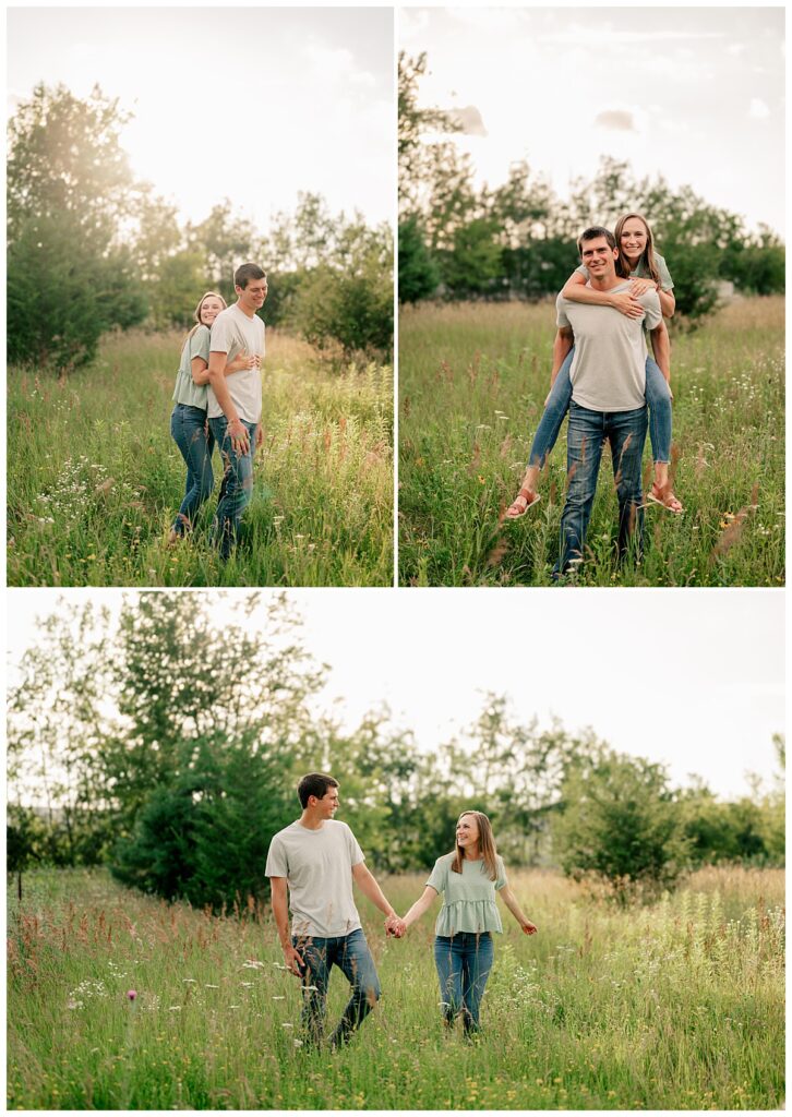 man carries fiancé on his back in a meadow by Minnesota wedding photographer