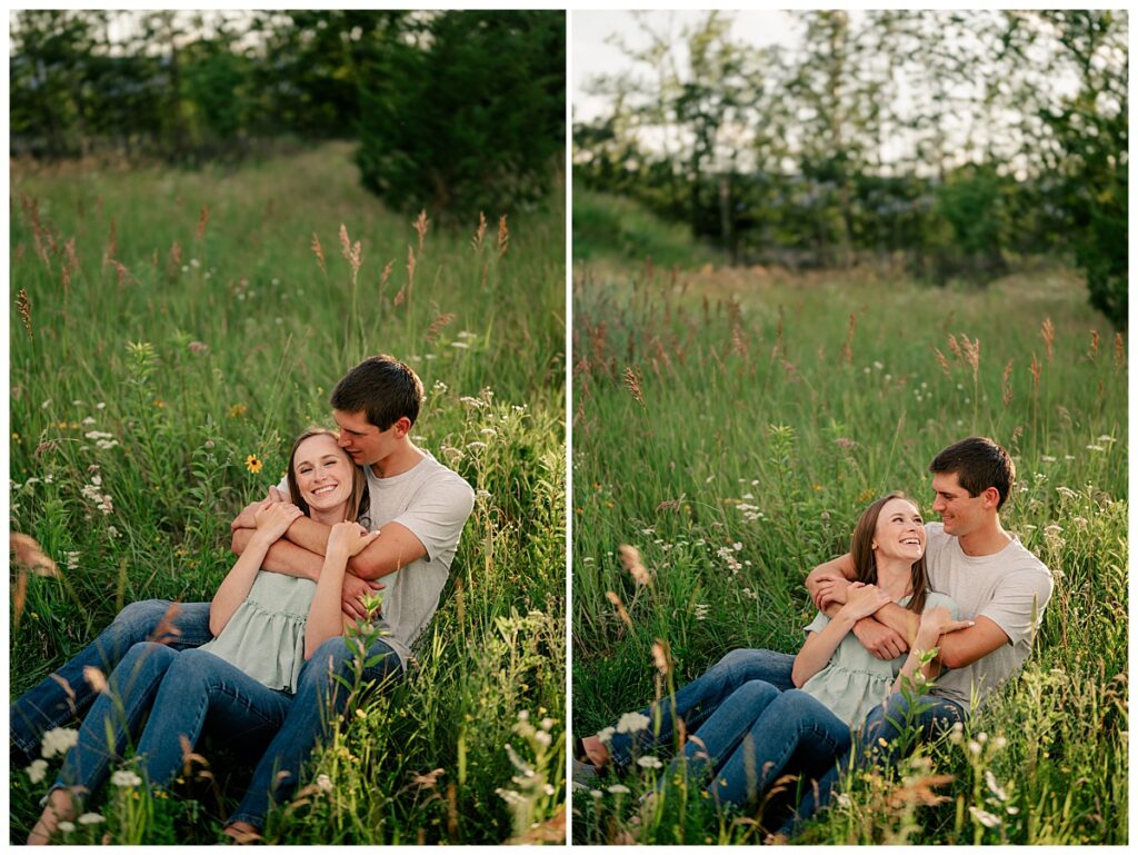 fiancés sit together in meadow with wild flowers by Rule Creative Co