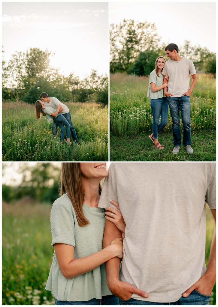 man dips woman as he kisses her at Nature Preserve engagement session