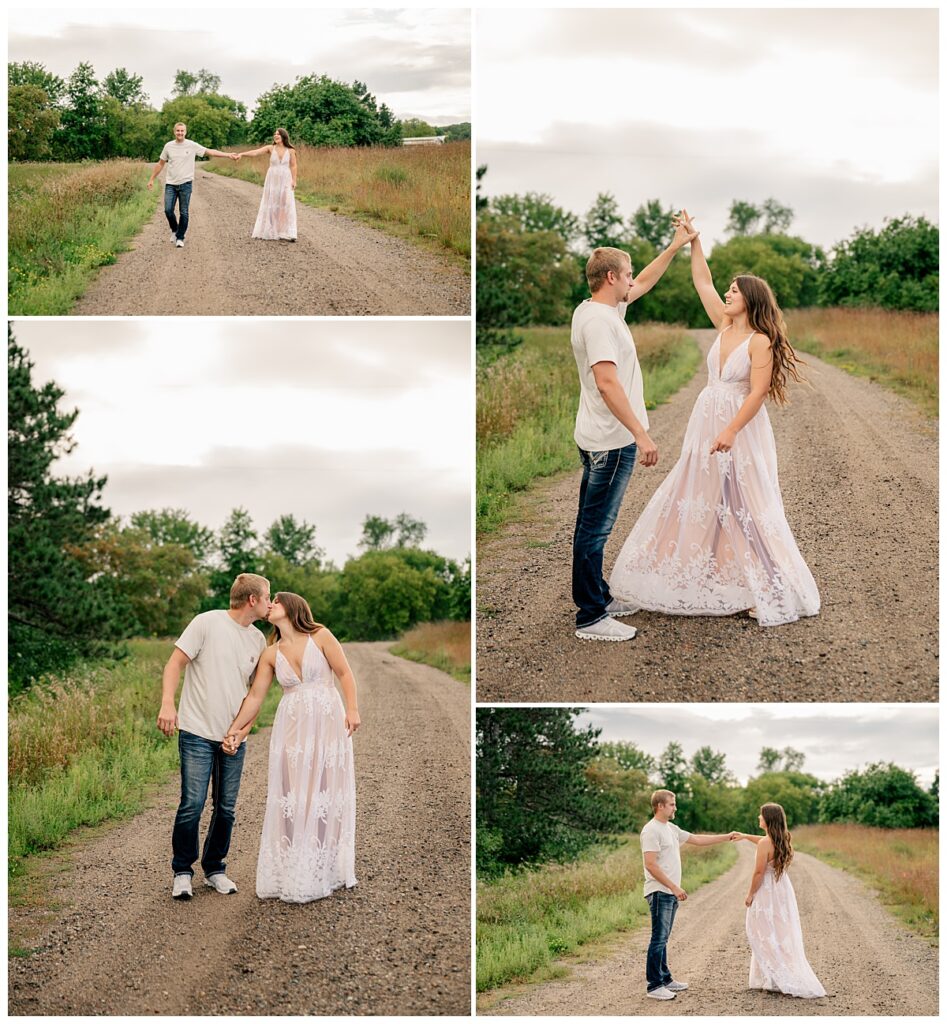 man spins woman around as her skirt floats out by Minnesota couples photographer