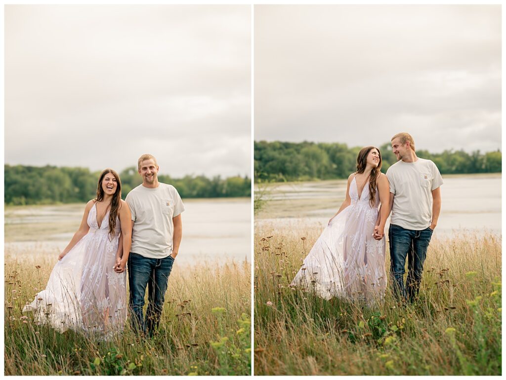 woman holds out skirt while she holds man's hand and looks at him during St. John's Arboretum mini session