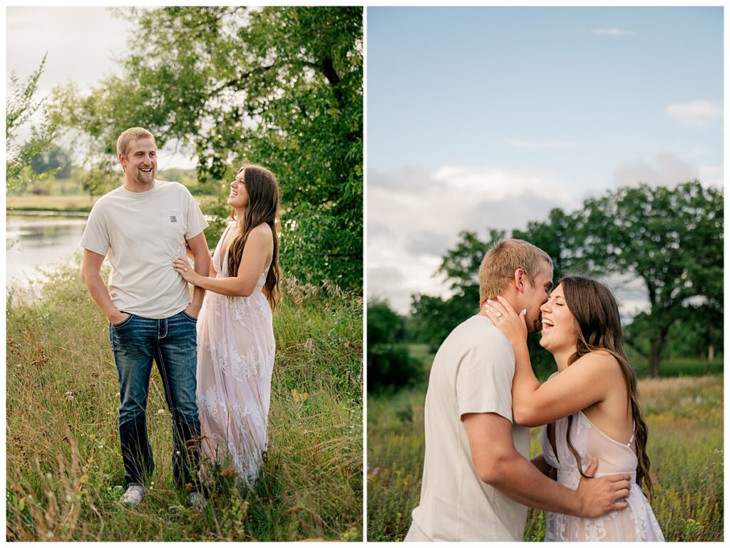 man and woman stand near water and laugh together at St. John's Arboretum mini session