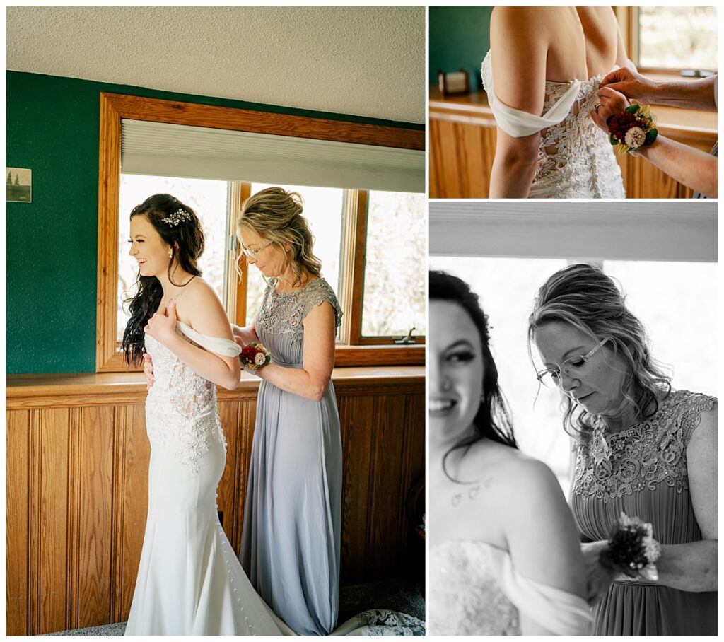 mother gets bride ready for her late summer Central Minnesota wedding